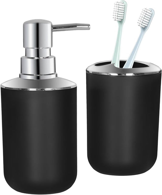 Black Bathroom Accessories Set 2 PCS, Black Bathroom Accessories, Plastic Soap Dispenser and Toothbrush Holder Set, Boho Bathroom Decor, Bathroom Set