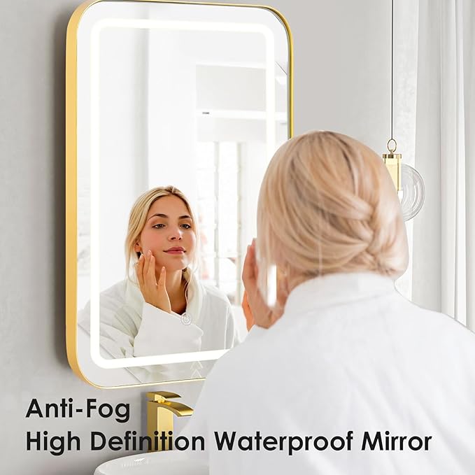 SogesHome Wall Mounted Mirror Medicine Cabinet 24"X16" with LED Lights, Rectangular Vanity Mirror Storage with Shelves, Modern Recessed Mirror Medicine Cabinet for Bathroom, Bedroom, Gold