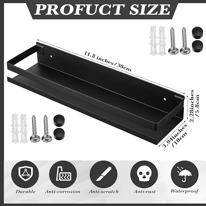 Lallisa 2 Pieces Stainless Steel Shelf Bathroom Shower Floating Shelves Wall Mounted Shower Caddy Basket Shelf Storage Organizer Shelves for Bathroom, Kitchen, Living Room(11.81 Inch/ 30 cm,Black)