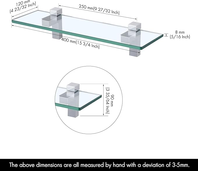 KES 2 Pack Bathroom Shelf with Rectangle Tempered Glass and Polished Chrome Bracket Tempered Glass Rectangular 1 Tier, BGS3201S40-P2+A4126A