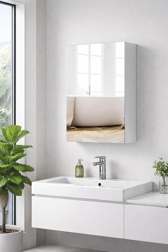 Panana Wall Mounted Bathroom Medicine Cabinet with Mirror, Single Mirrored Door, Adjustable Storage Shelves, Bathroom Wall Storage Organizer (White, 15.7x23.6 inch)