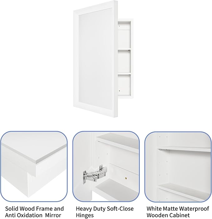 AGDULL Retro-Style Medicine Cabinet with 17’’x27’’ Solid Wood Mirror Frame, Bathroom Recessed Wall Cabinet, Living Room Wood Storage Cabinet, White