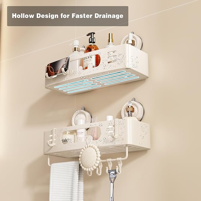 Voldra Shower Caddy Suction Cup, Shower Shelves for Inside Shower No Drilling, Aluminum Suction Showers Organizer for Wall with Towel Bar & Hooks Removable Bathroom Storage Rack(1 Pack-White)