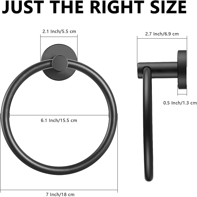 WOOPHEN Hand Towel Ring, Thicken Stainless Steel Bath Towel Holder Modern Round Towel Hanger Wall Mounted for Bathroom, Kitchen (Matte Black)