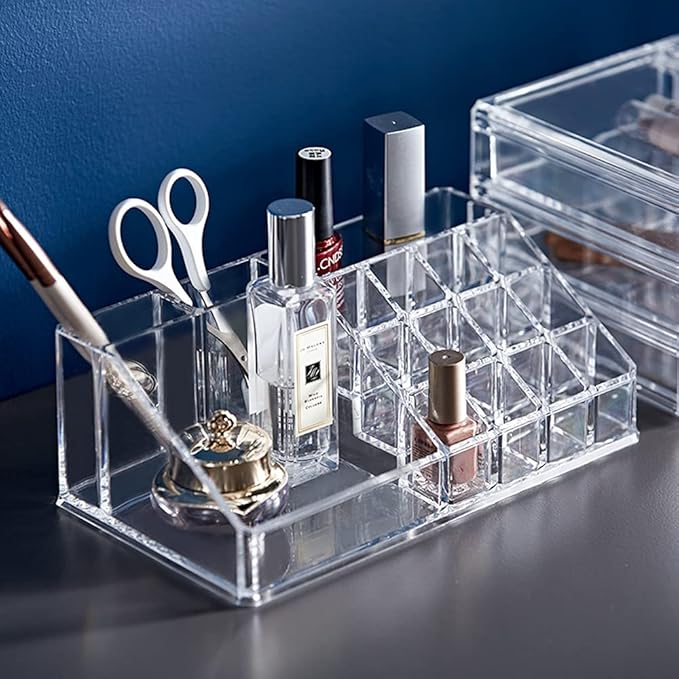 Clear Makeup Organizer, 12-Lipstick Slots and 4-Compartments Cosmetic Storage Display Case, Makeup Accessories Storage Stand for Lipstick, Brushes (Medium)