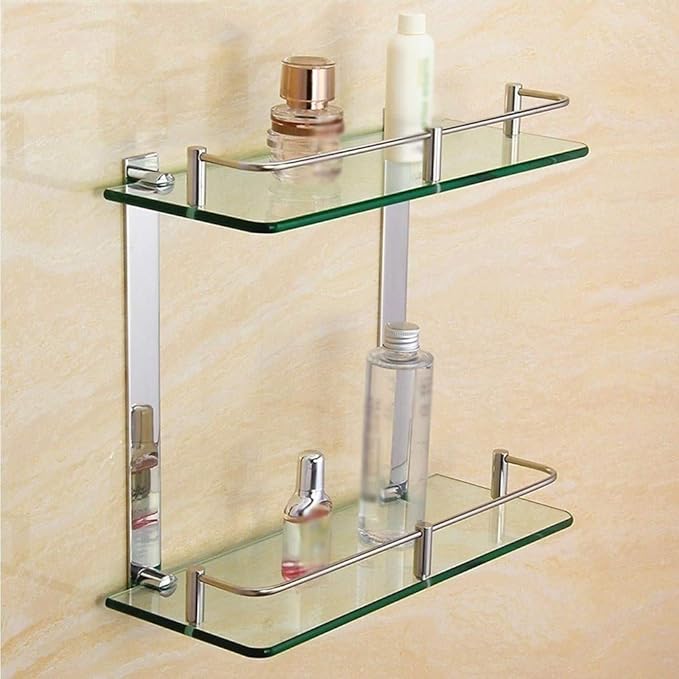 Tempered Glass Shelf Bathroom Shelves with Rail Wall Mounted Stainless Steel Punch Installation 350mm