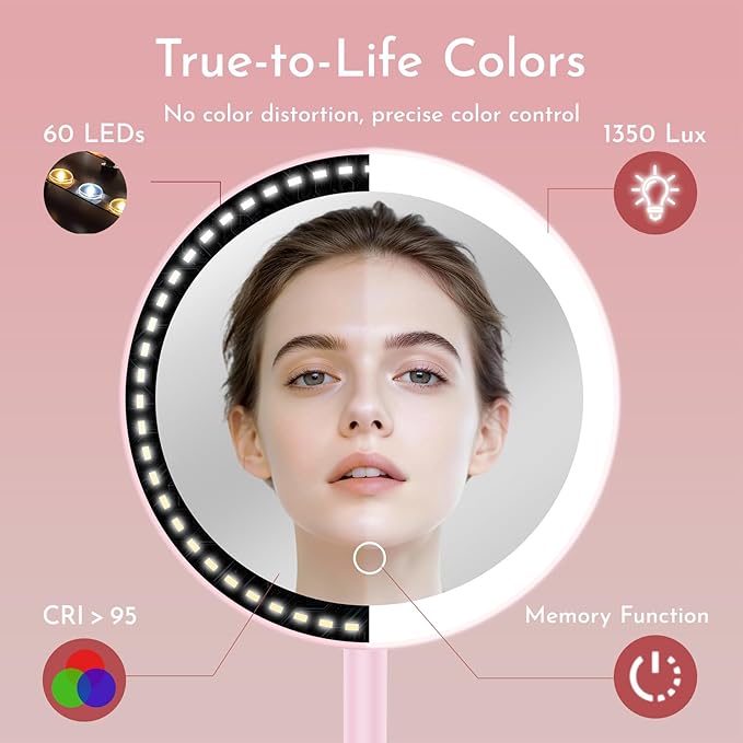 Makeup Mirror with Lights, 4-in-1 Rechargeable Magnetic 360° Rotation Pink Vanity Mirror, 3 Colors & Brightness Adjustable, Detachable, Lighted Makeup Mirror for Desk, Travel