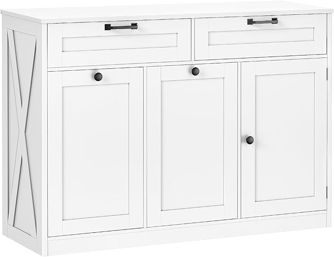 Double Tilt Out Laundry Hamper Cabinet, 43.3" Laundry Cabinet with 2 Removable Baskets, Farmhouse Wooden Hidden Trash Bin Cabinet with Open Shelving, for Bathroom, White