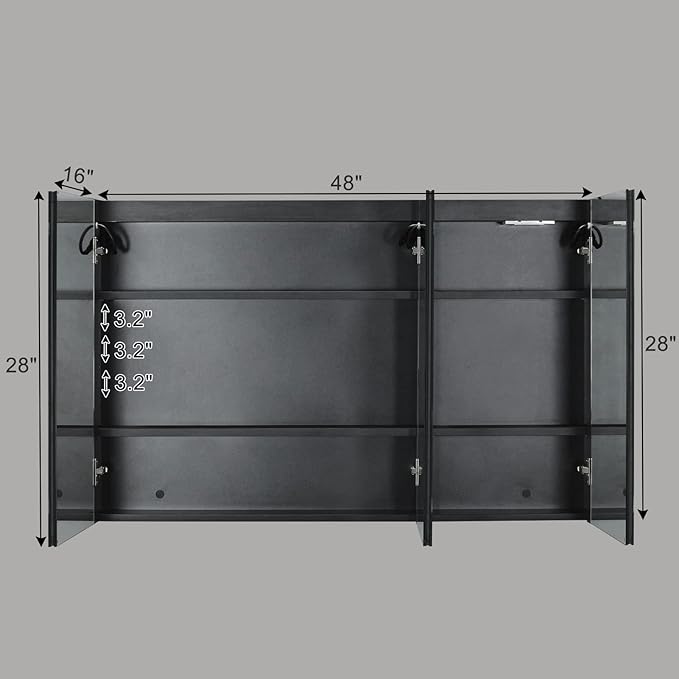 Karl home Black 3-Doors 48"x28" LED Medicine Cabinet for Bathroom, 3-Color Wall Mounted Dimmable Bathroom Cabinet with 3-Tiers Storage Shelves, Anti-Fog, USB Charge
