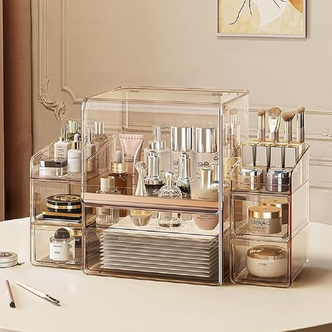 Makeup Organizer with Lid Drawers Translucent Skincare Holder Large Capacity Cosmetics Countertop Storage Box for Vanity Easy Visibility Dustproof (Gold Clear,Large + Brush + Cream Organizer)