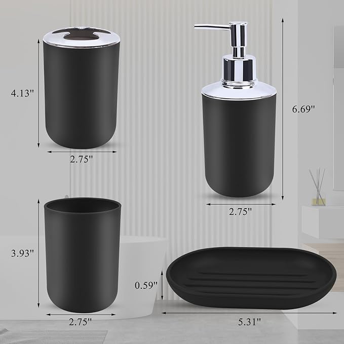 Matte Black Bathroom Accessories Set, 4-Piece Plastic Black Bathroom Organizer with Soap Dispenser, Toothbrush Holder, Rinse Cup & Soap Dish, Classic Black Bathroom Decor