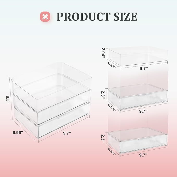 3 Tier Clear Makeup Organizer Countertop with Drawers, Stackable Cosmetics Organizer and Storage for Bathroom Vanity (Stripe Small)