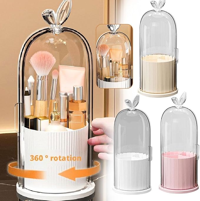 Makeup Brush Holder Organizer with 360?? Rotating Lid,Concealed Toothbrush Holder,3 Slots Bathroom Organizer Countertop for Vanity Desktop, Clear Cover Easy Visibility