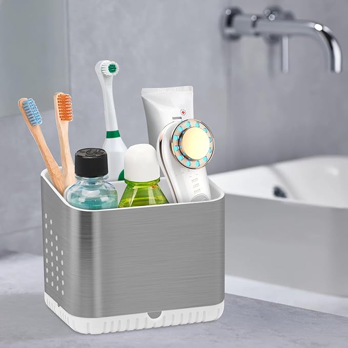 PARKMANI Toothbrush Holders for Bathrooms, Kids Electric Toothbrush and Toothpaste Holder, Brushed Nickel Toothbrush Caddy, Tooth Brushing Stand for Bathroom Organizer Countertop (Brushed Silver)