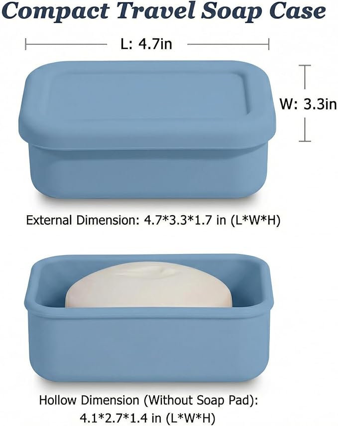 HighHerz Leak Proof Silicone Travel Soap Case with Draining Tray - Bar Soap Holder for Travel, Gym & Camping - Mess-Free Portable Soap Container for Carry-on Bags (Dark Blue)
