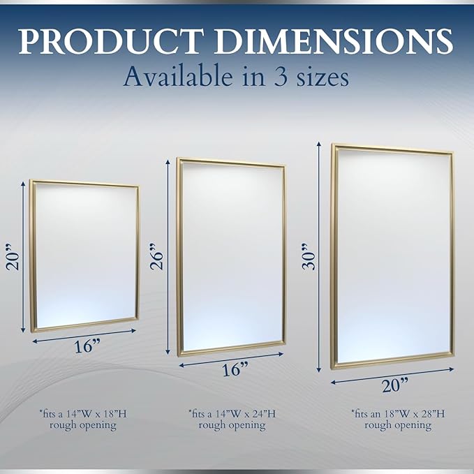 Fox Hollow Furnishings 20x30 Parker Metro Metal Framed Rectangle Recessed Bathroom Medicine Cabinet, Floating Mirror, 18x28 in-Wall Opening, Steel, Adjustable Glass Shelves, Magnet Close, Gold