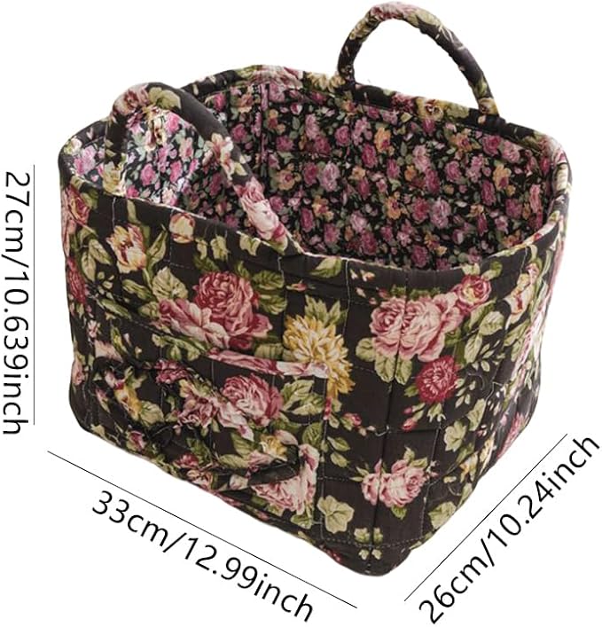 Quilted Fabric Storage Basket Boho Floral Laundry Hamper with Handle Foldable Floral Basket Organizer for Car Bedroom