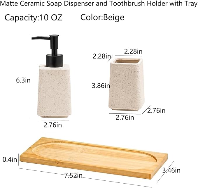 Beige Soap Dispenser and Toothbrush Holder Set,Ceramic Bathroom Accessories Set with Tray.Lotion Dispenser and Tumbler for Modern Bathroom Decor