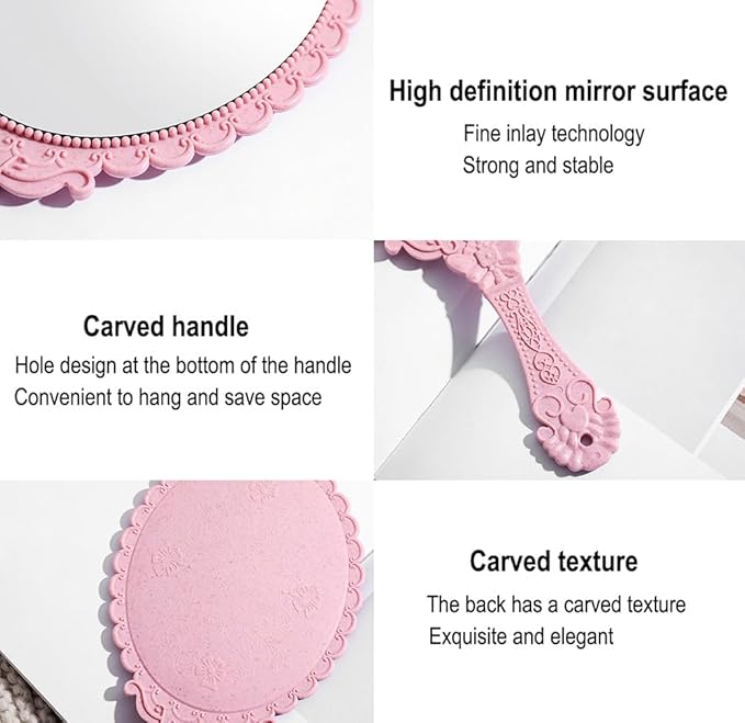 AKOAK Vintage Handheld Makeup Mirror, Exquisite Embossed Decorative Handle Makeup Mirror Portable Travel Mirror for Girls and Ladies (Oval, Pink)