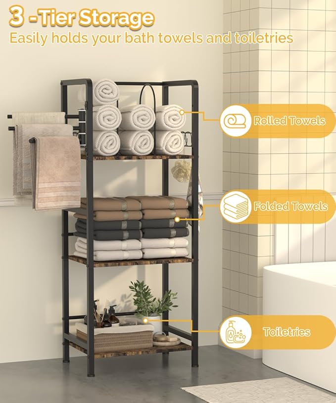 Mondazie Free Standing Towel Racks for Bathroom with 3 Rotating Bars, 3-Tier Floor Towels Holder Stand with Detachable Dividers, Pool Towel Storage Organizer with 8 S-Hooks for Home, Poolside, Black