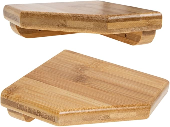 ULTECHNOVO 2pcs Wall Mounted Corner Shelves Rustic Bamboo Floating Shelves for Bathroom Kitchen Living Room Storage Easy Install Triangular Design