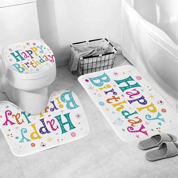 4 Pcs Colorful Happy Kids Birthday Shower Curtain Sets with Non-Slip Rugs, Lovely Kid's Birthday Shower Curtain Colorful Cartoon White Fabric Bathroom Shower Curtain with 12 Hooks, 72" x 72"