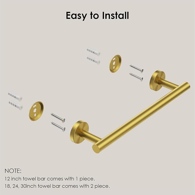 FORIOUS Towel Bar Wall Mounted, Stainless Steel Towel Racks for Bathroom, Includes Wall Mounting Hardware (Brushed Gold, 14 Inch)
