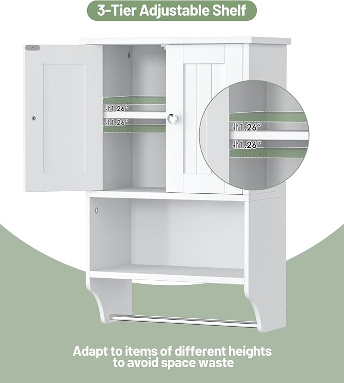 Keehusux Small Bathroom Wall Cabinet with Towel Bar and Adjustable Shelf, Modern Medicine Cabinet with 2 Lined Doors, Wooden Over the Toilet Storage Cabinet for Kitchen, Living Room, Entryway, White