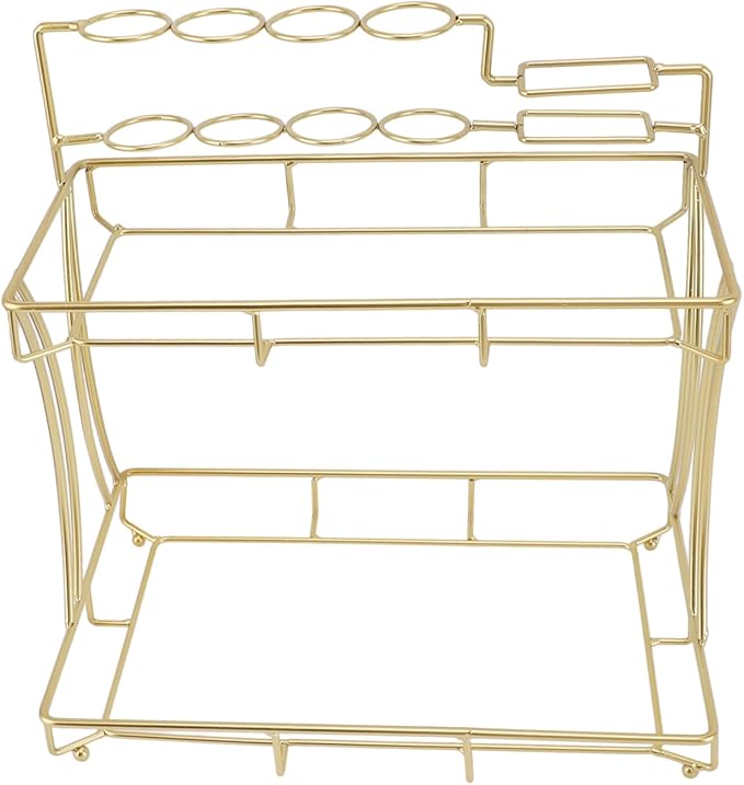 Double Layer Countertop Storage Rack, Bathroom Countertop Organizer with Electric Toothbrush Holder, Iron and Glass Counter Shelf for Toiletries and Cosmetics (White Background Gold Grain)