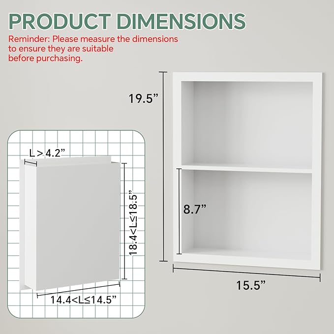 Stainless Steel Recessed Medicine Cabinet 14''*18'', Rust-Proof Metal Wall Niche, in Wall Shower Niche Shelf Insert Replacement, Recessed Medicine Cabinets for Drywall, Bathroom Storage, White