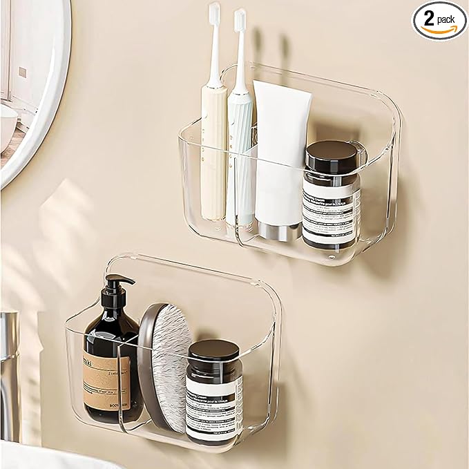 Diesisa 2pc Acrylic Wall Mount Organizer, Adhesive Clear Cabinet Door Organizer,Bathroom Shelves for Wall,No Drilling Hang Walls,with 2 Compartments, for Bathroom, Kitchen, Living Room