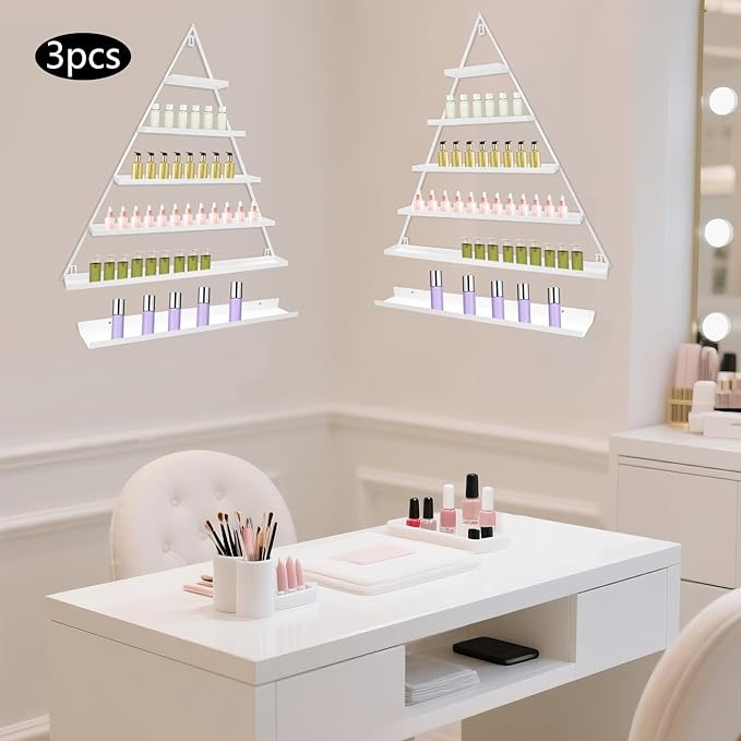 3 Pack Nail Polish Organizer Shelf Wall Mounted 5 Tiers Nail Polish Display Rack Shelves for Salon, Beauty Shop & Home Organization (White)