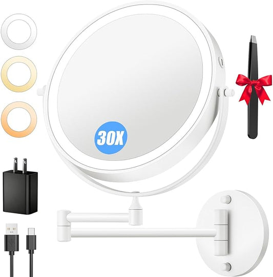9'' 30X/1X Wall Mounted Lighted Makeup Mirror, 5000mAh Rechargeable Double-Sided Magnifying Mirror with Light, Bathroom Mirror Touch Dimmable 3 Colors 360° Rotation Extended Arm, Power Adapter