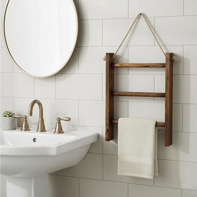MyGift Rustic Dark Brown Wood Wall Hanging 3 Tier Hand Towel Ladder Rack, Bathroom Towel Storage Rack with Top Rope