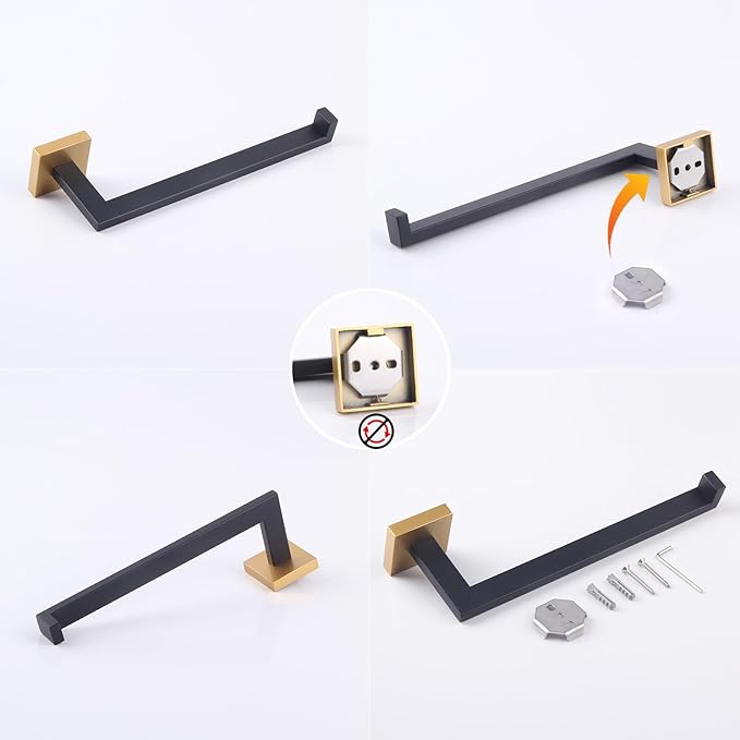 GERZWY Modern Towel Holder Contemporary Style Stainless Steel Towel Hanger Towel Ring for Bathroom Wall Mount (Black & Gold) IG1806-BD