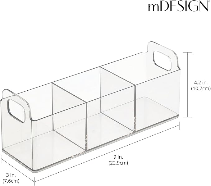 mDesign Plastic 3-Compartment Bathroom Organizer Storage Bin - Divided Makeup Caddy and Hair/Beauty Product Holder Tray - Perfect for Vanity, Counter, and Cabinet - Lumiere Collection, 2 Pack, Clear