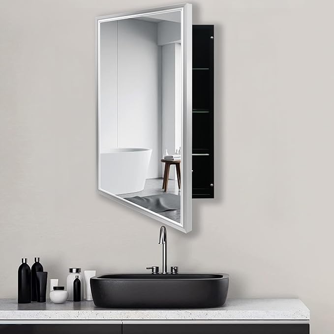 Modern Medicine Cabinet Mirror Storage for Bathroom Bedroom Surface/Recessed Mount with 3 Shelves (16"x26", Brushed Silver)