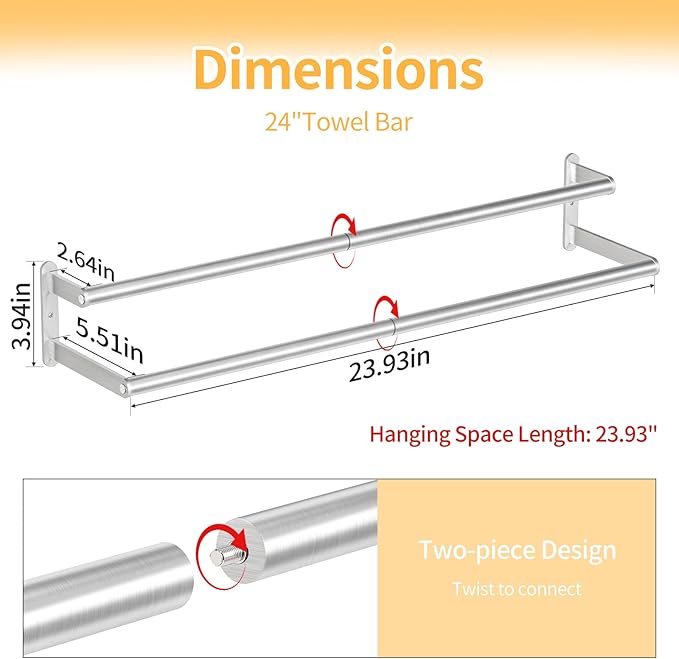 Double Towel Bar, 24Inch Towel Rack for Bathroom Wall Mounted, Stainless Steel Double Bath Towel Bar, Wall Towel Holder for Bathroom, Double Towel Rod Towel Hanger for Wall (Brushed Nickel)