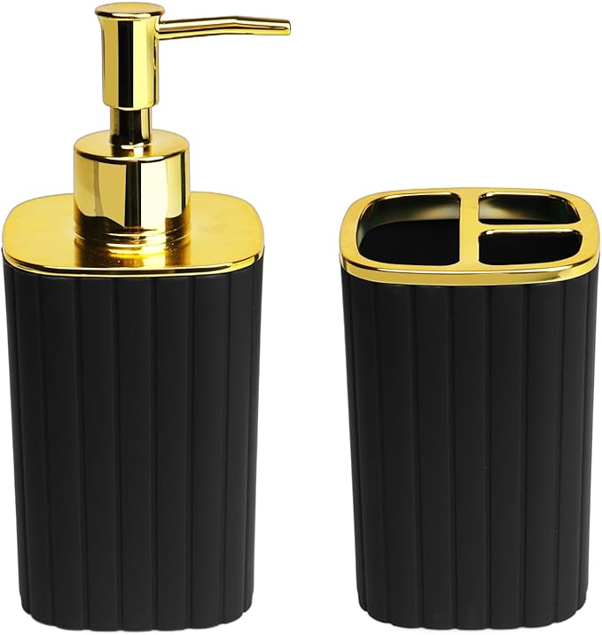 2Pack Bathroom Accessories Set, Black Gold Bathroom Set. Bathroom Toothbrush Holder Set, Includes Dispenser and Toothbrush Holder. Bohemian Bathroom Accessories