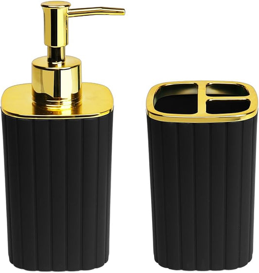 2Pack Bathroom Accessories Set, Black Gold Bathroom Set. Bathroom Toothbrush Holder Set, Includes Dispenser and Toothbrush Holder. Bohemian Bathroom Accessories
