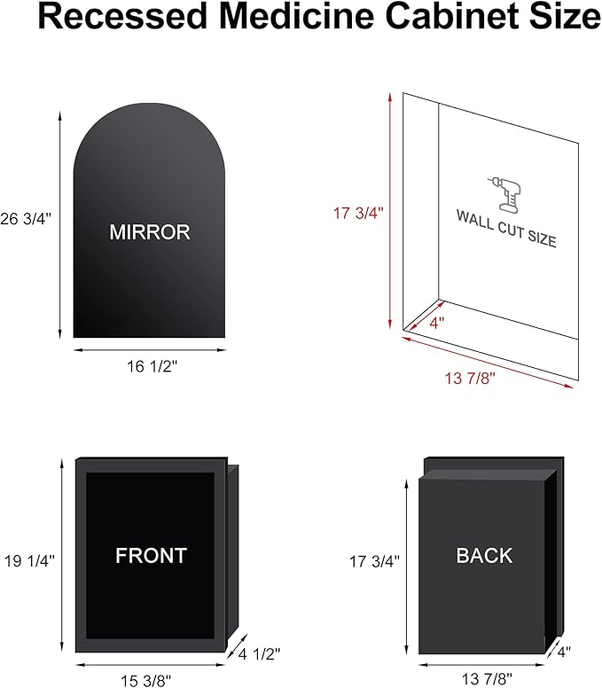 Recessed Medicine Cabinet for Bathroom,Black Arched Medicine Cabinet with Mirror,Bathroom Mirror with Storage,Surface Mount Wall Cabinet 14x18