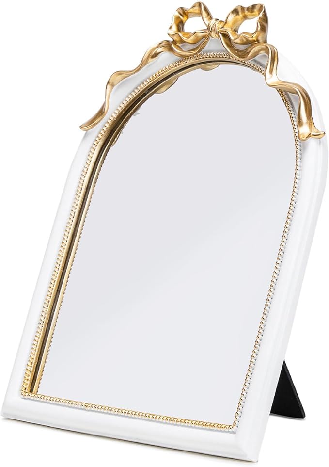 Stylor Vintage Coquette Bow Desk Mirror - Gold Antique Vanity Room Decor, Small Ornate Arched Makeup Mirror, Decorative Victorian Table Top Mirror