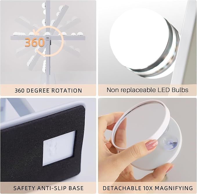 FENCHILIN Vanity Mirror with Lights, 19''x12'' Makeup Hollywood Mirror for Desk with 12 Bulbs Light Smart Touch Control 3 Colors Dimmable Light Detachable 10X Magnification 360°Rotation
