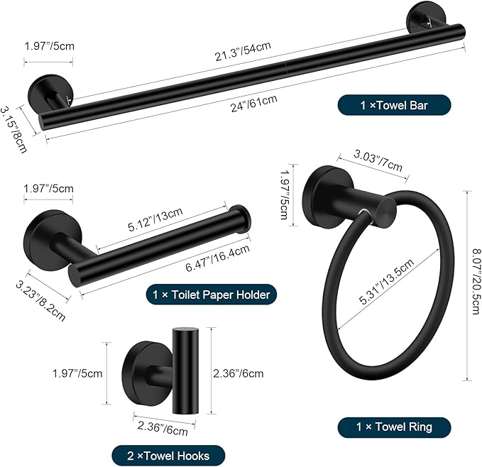 Matte Black Bathroom Hardware Set, Modern 24-Inch Towel Bar Set Wall Mounted, Towel Rack Set Black,Stainless Steel Bathroom Accessories Set Black,5-Pieces