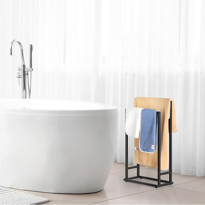 Freestanding Towel Racks 2 Tier Small Towel Holder Stand for Bathroom Matte Black Stainless Steel Industrial Towel Drying Rack for Hand Towels Blanket
