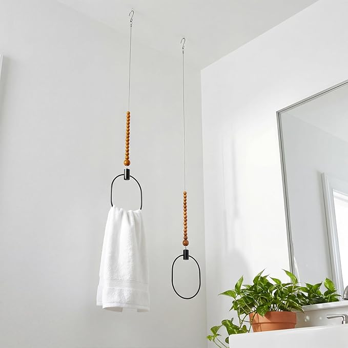Maxdot 2 Pcs Ceiling Mounted Towel Rack Black Metal Design Vertical Towel Holder Rustic Hand Towels Ring Space Saving Towels Hanger with String and Wooden Bead for Bathroom Kitchen Home Accessories