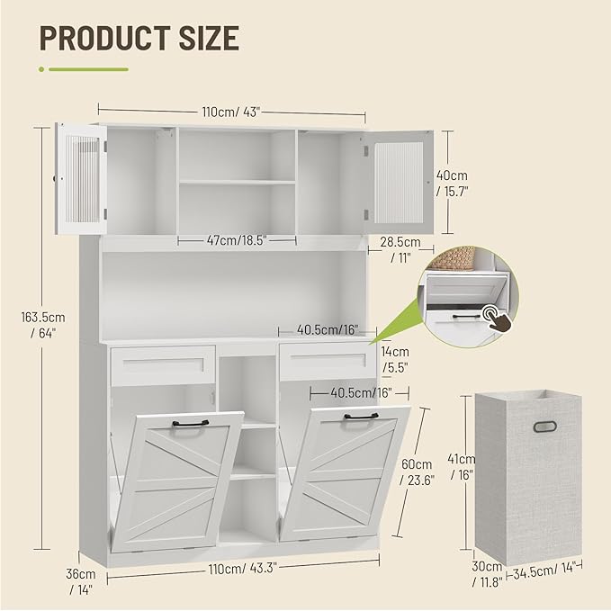 Tall Tilt-Out Double Laundry Hamper Cabinet with 2x11-Gallon Hidden Laundry Basket, Tilt Out Trash Bin Cabinet with Fluted Glass Doors, Farmhouse Wooden Bathroom Storage with Push Doors, White