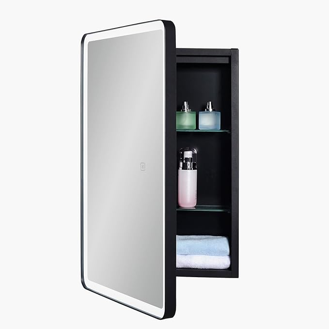 IDYLLOR Lighted Bathroom Medicine Cabinet with Round Corner Framed Mirror Door 15 x 25 inch, Left Hand Opening, Recessed or Surface Mount, with Adjustable Glass Shelves