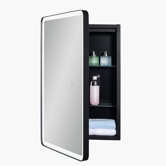IDYLLOR Lighted Bathroom Medicine Cabinet with Round Corner Framed Mirror Door 15 x 25 inch, Left Hand Opening, Recessed or Surface Mount, with Adjustable Glass Shelves