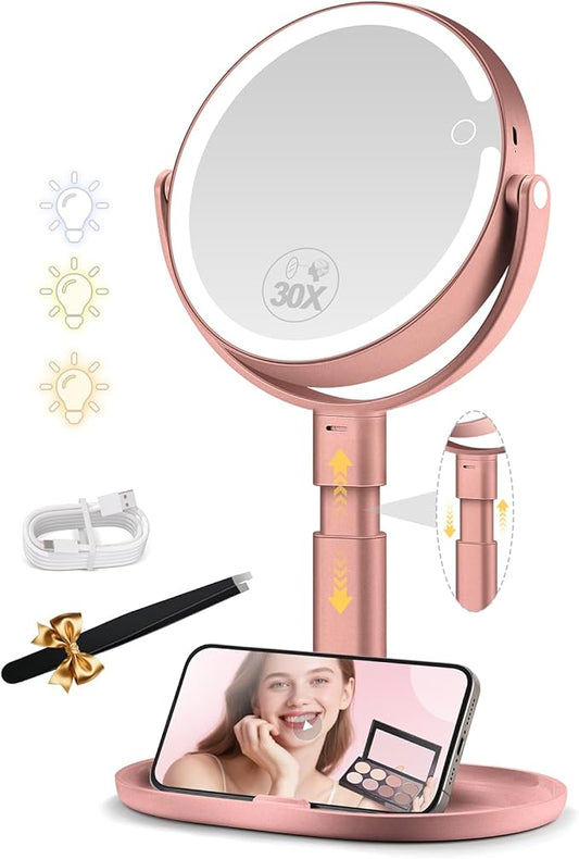 MOMOKUBA Makeup Mirror with Lights, 30X Magnifying & Height Adjustable, Lighted Magnifying Mirror with 3 Light Modes & Stepless Dimming, Vanity Mirrors for Bathroom, Birthday Gift for Women, Rosegold
